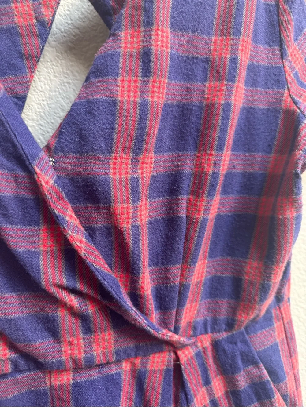 Plaid Short Sleeve Wrap Romper in Navy and Red
